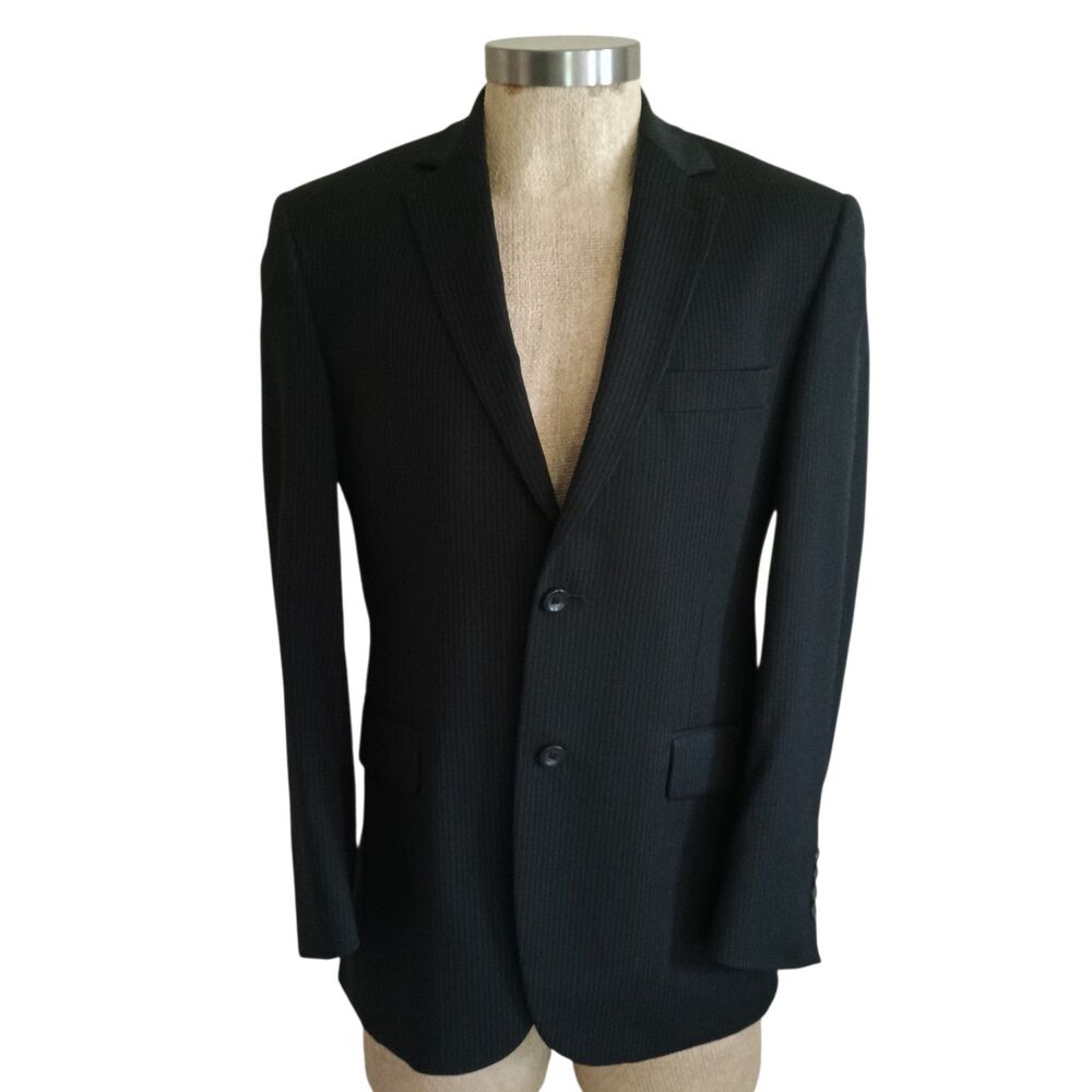 JF J.Ferrar Suit Jacket Mens 38R Black Pinstripe Modern Fit 2 Button Blazer